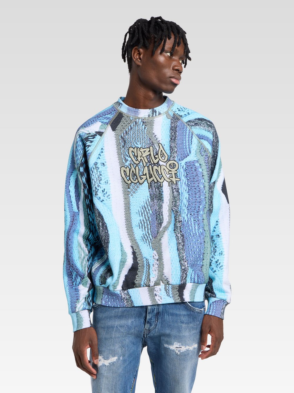 Thumbnail - Carlo Colucci Sweatshirt Herren Baumwolle blau gemustert, S