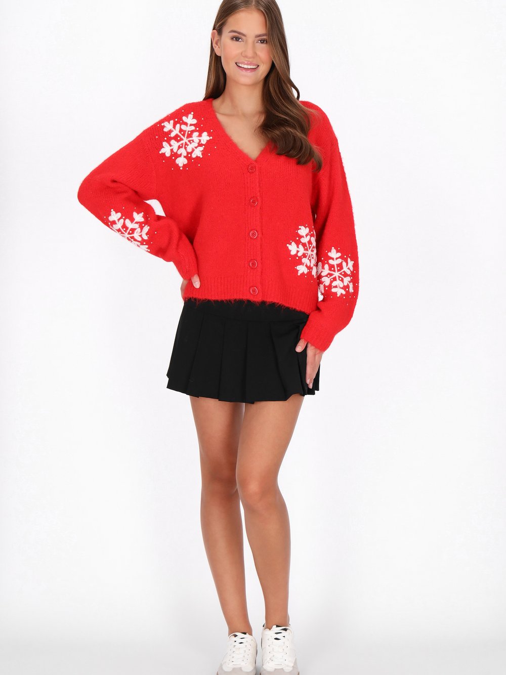 MyMo Strickjacke Damen rot gemustert, M/L