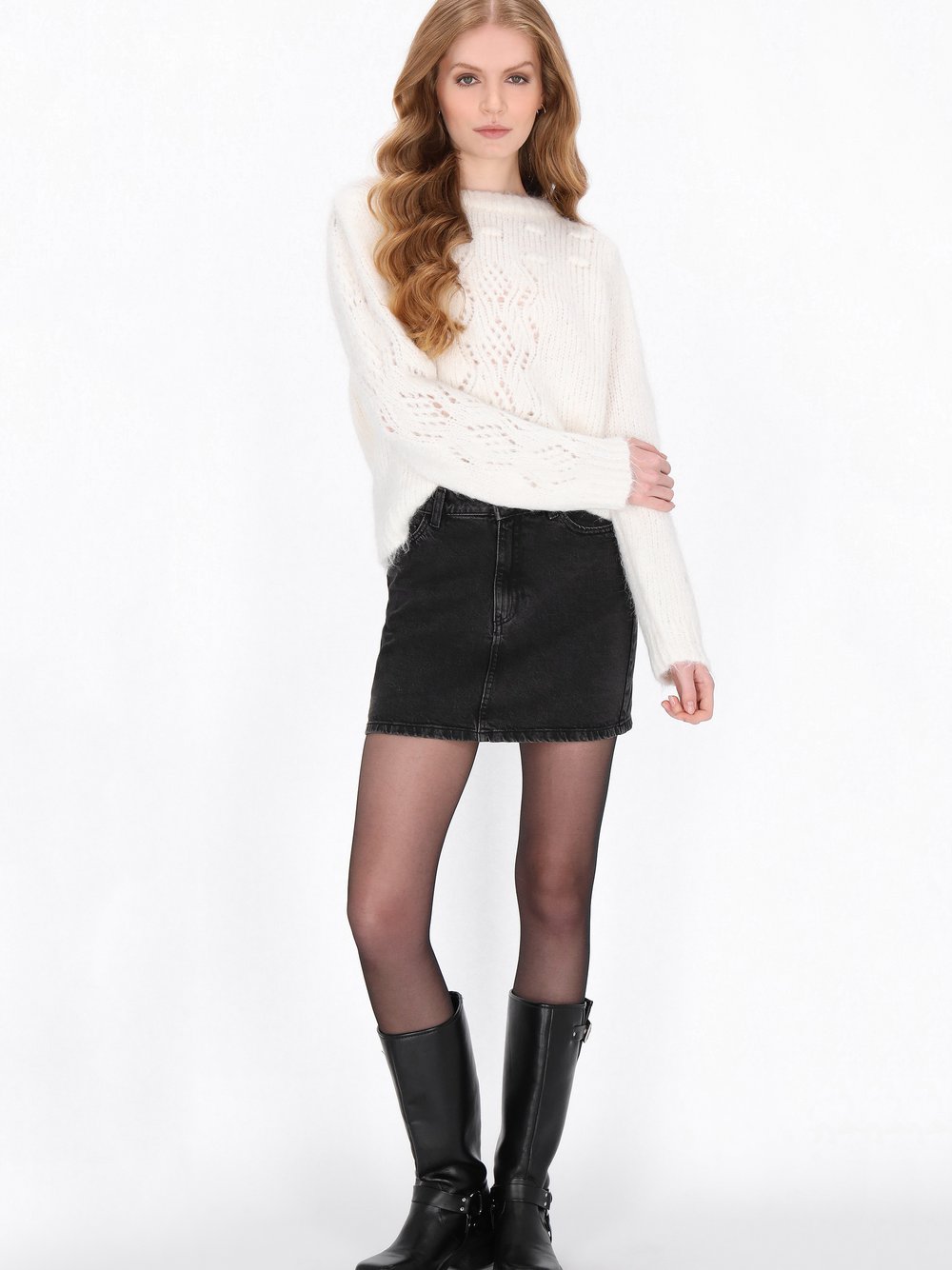 Dreimaster Pullover Damen weiß gemustert, XS/S