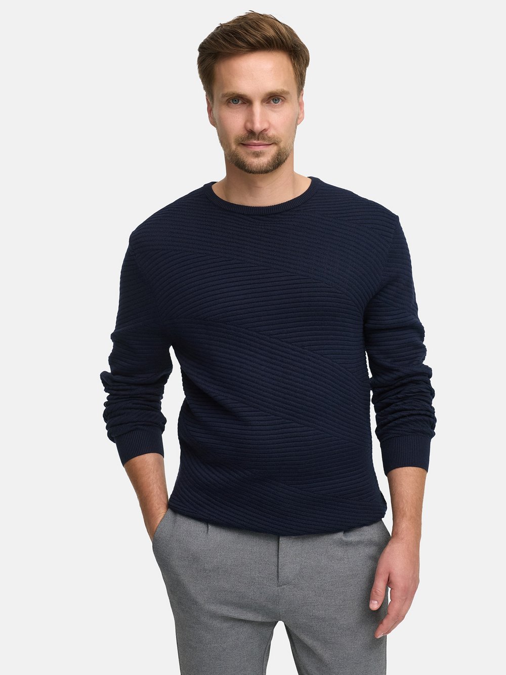 Jeff Strickpullover Herren Feinstrick blau strukturiert, M