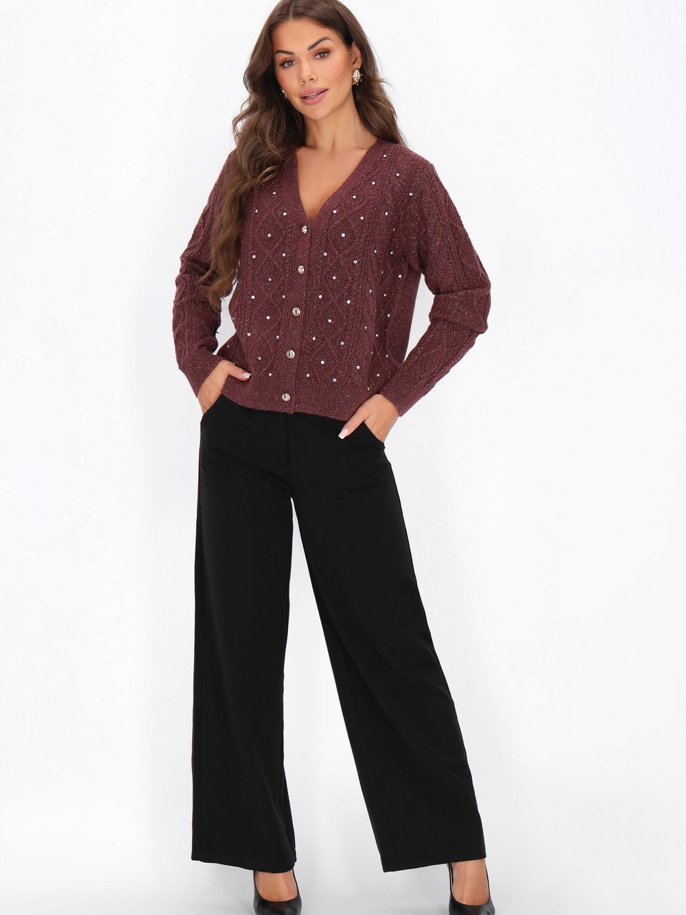 Faina Strickjacke Damen rot gemustert, XL/XXL