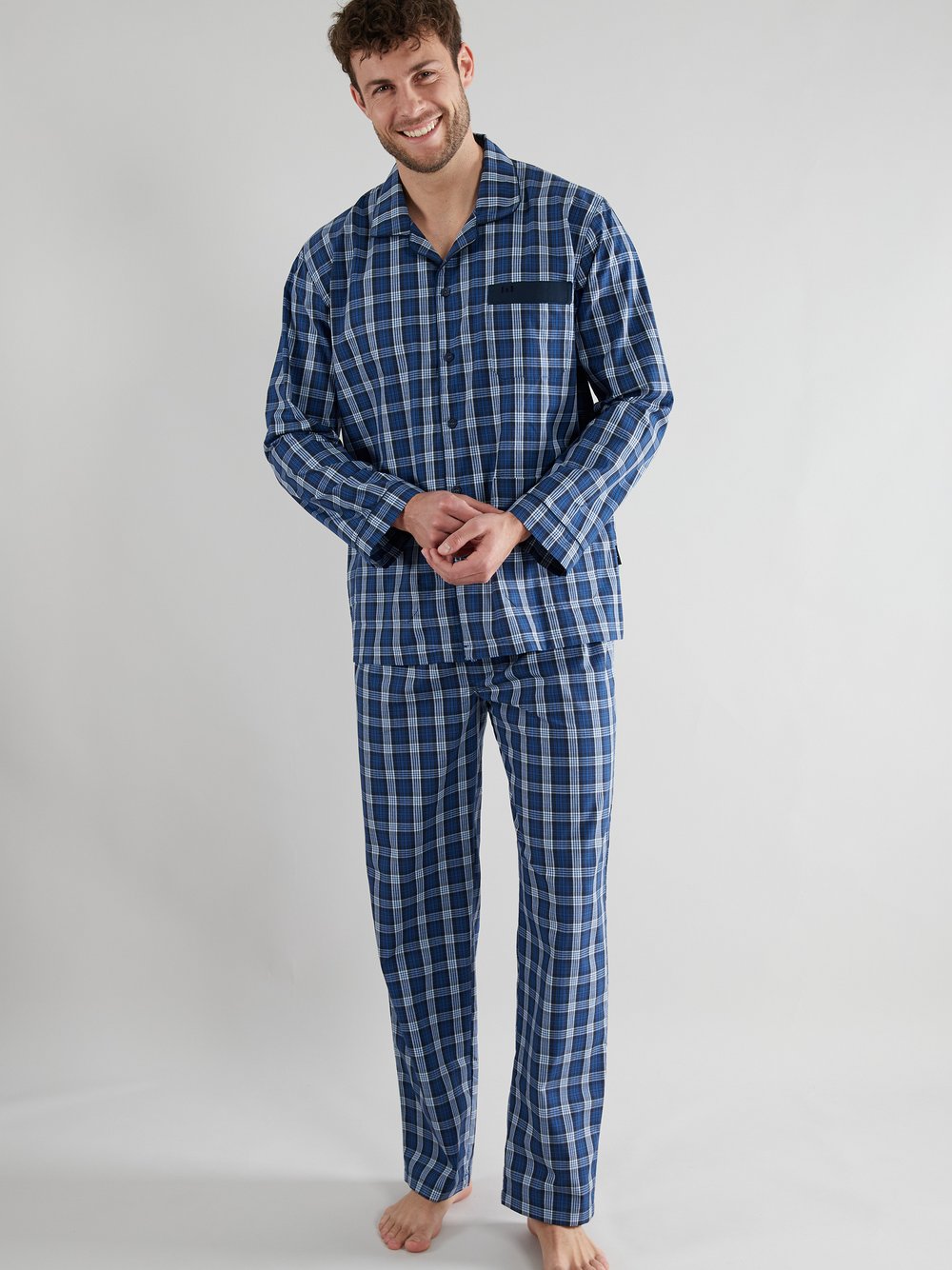 GÖTZBURG Pyjama Herren Baumwolle blau kariert, 48
