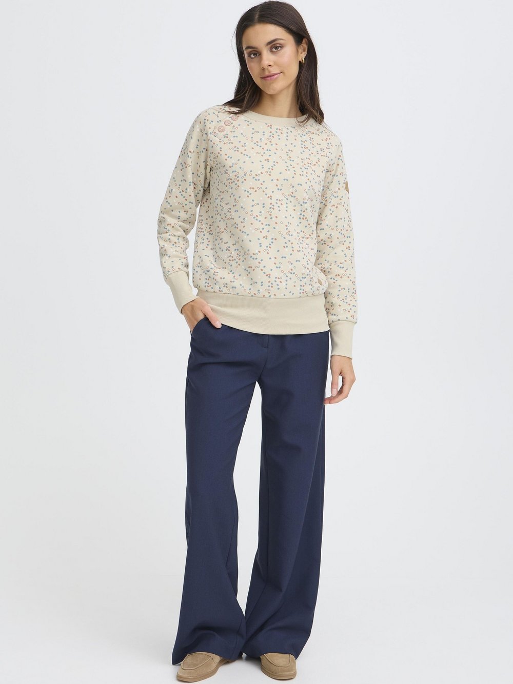 OXMO Sweater Damen beige bedruckt, XS