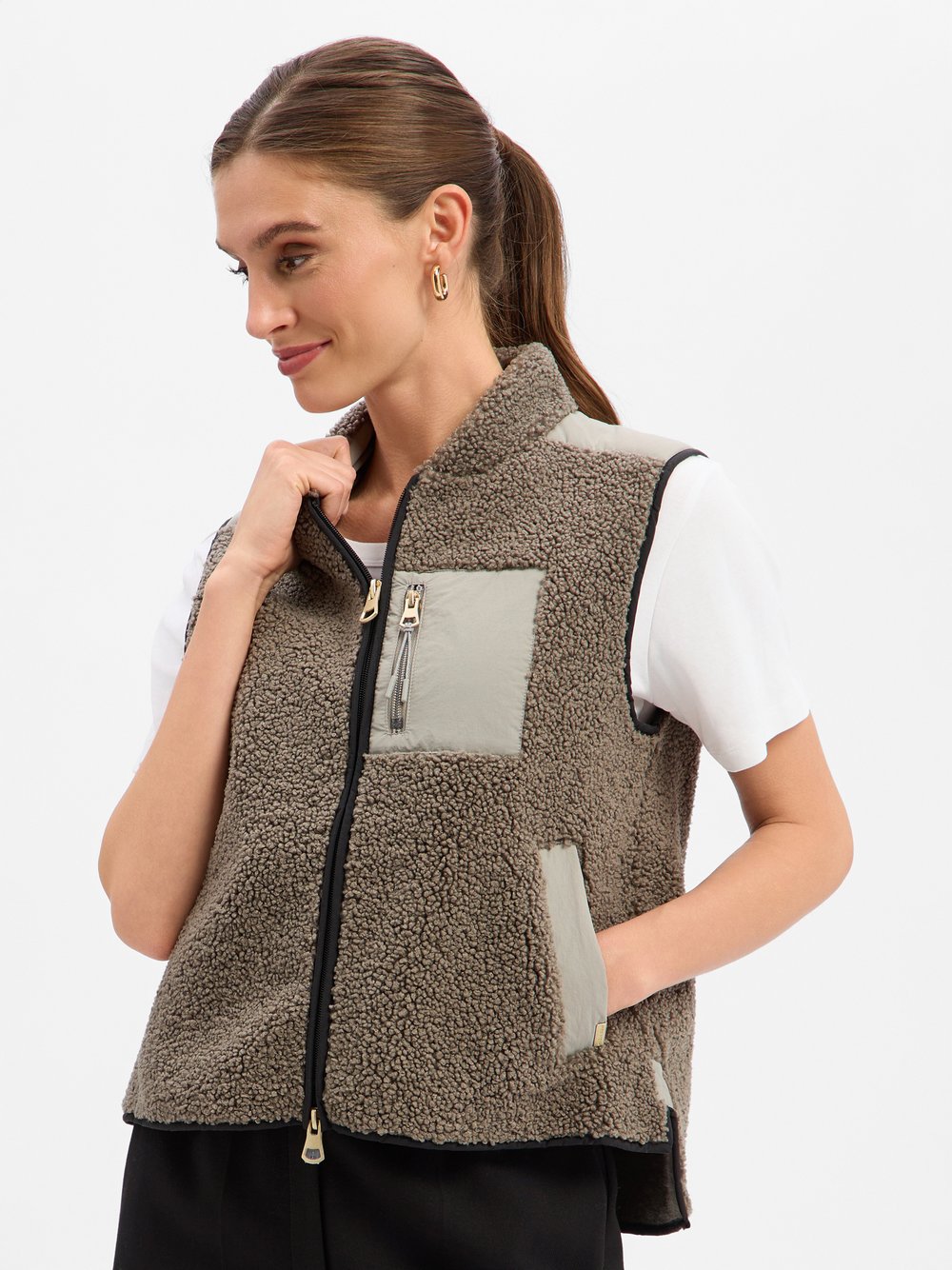VAN GRAAF Mos Mosh Damen Khaki Kunstfellweste Mehrfarbig, Groß
