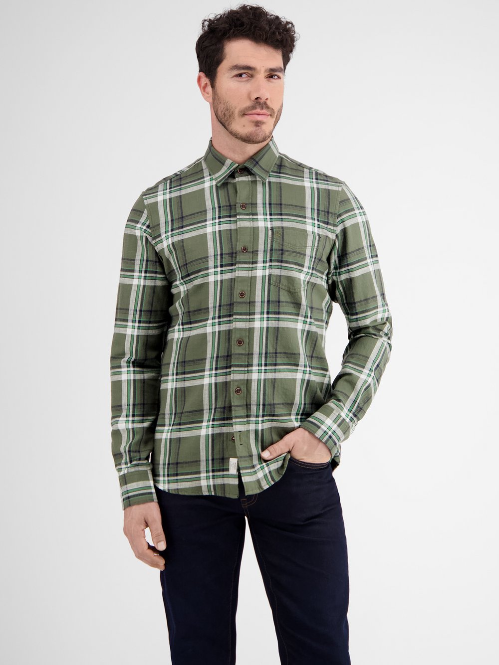 LERROS Karohemd Herren Regular Fit Baumwolle grün kariert, S