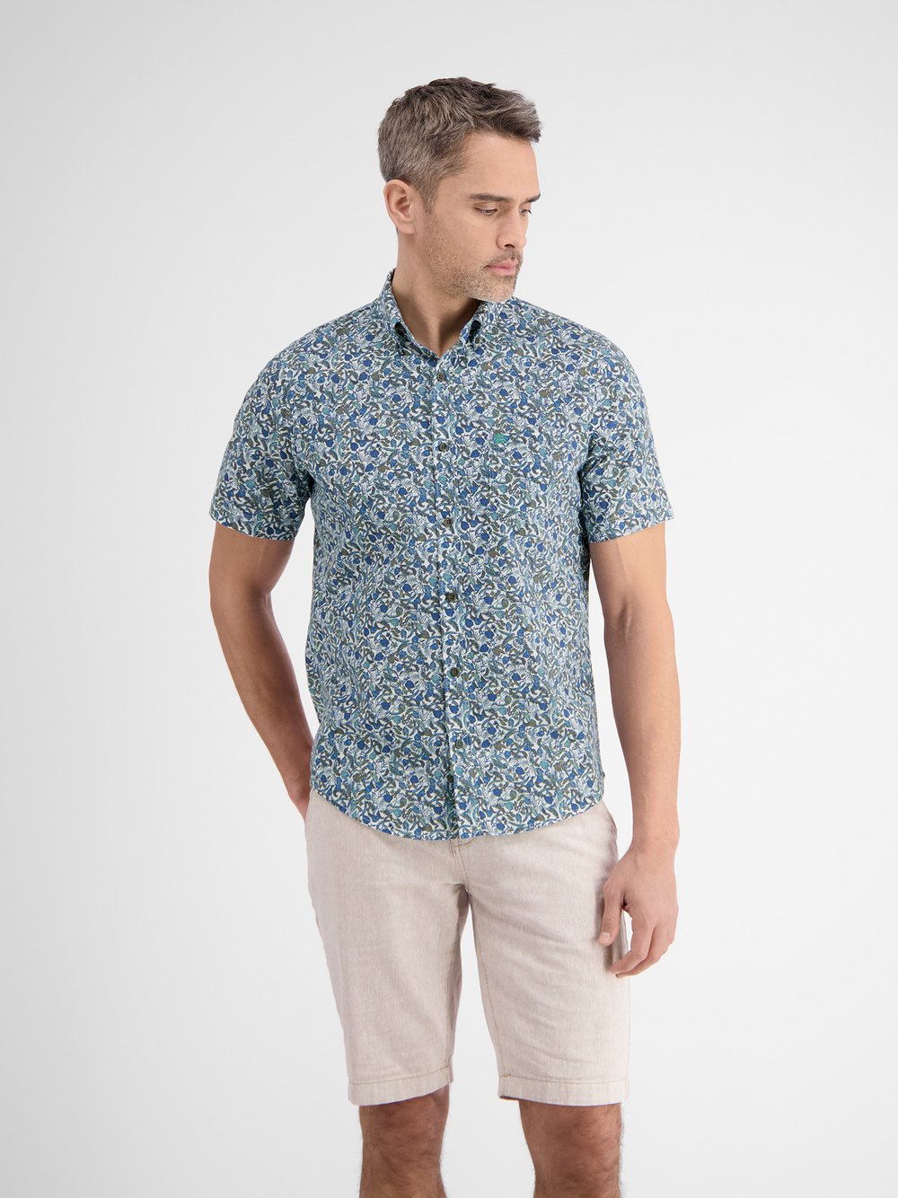 Thumbnail - LERROS Kurzarmhemd Herren Regular Fit Baumwolle blau gemustert, S