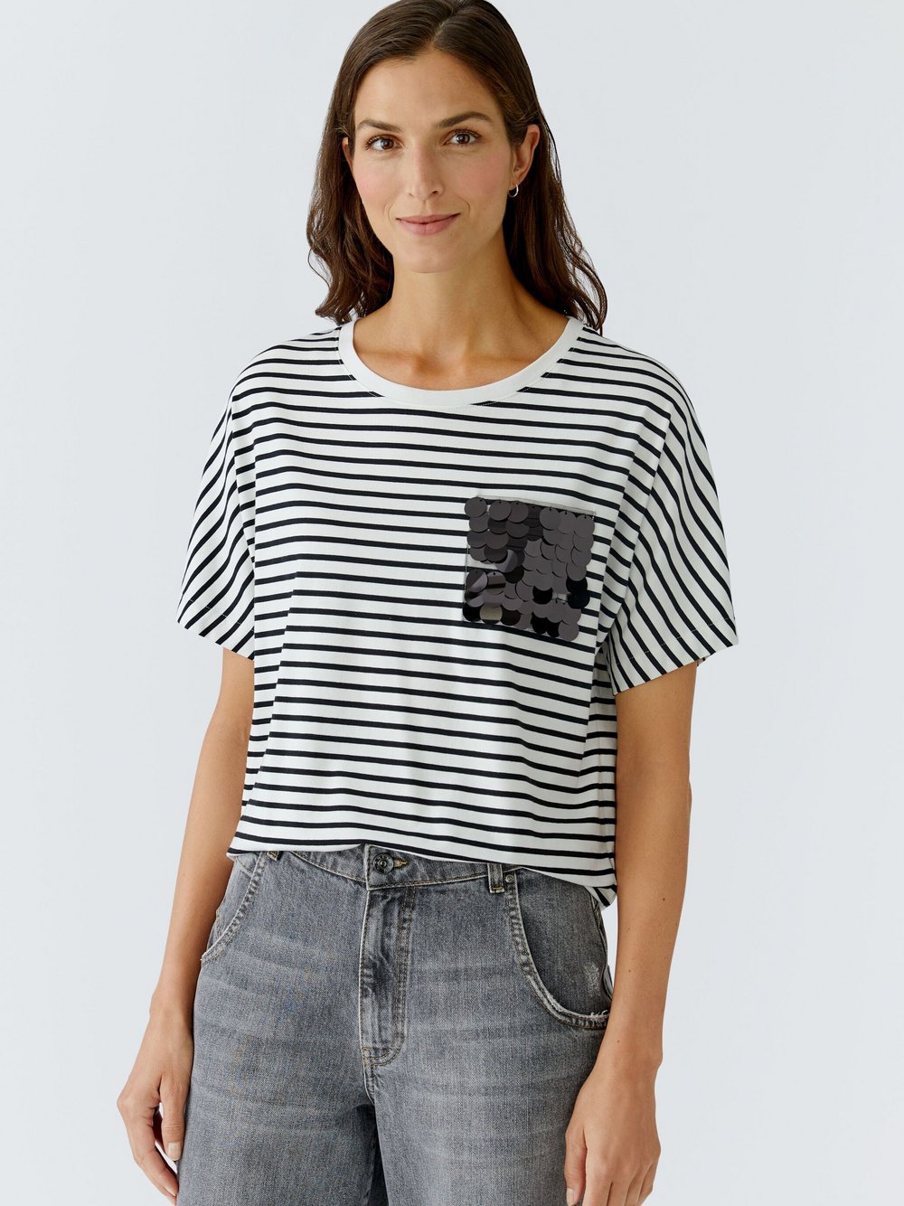 Oui T-Shirt Damen Baumwolle weiß gestreift, 38