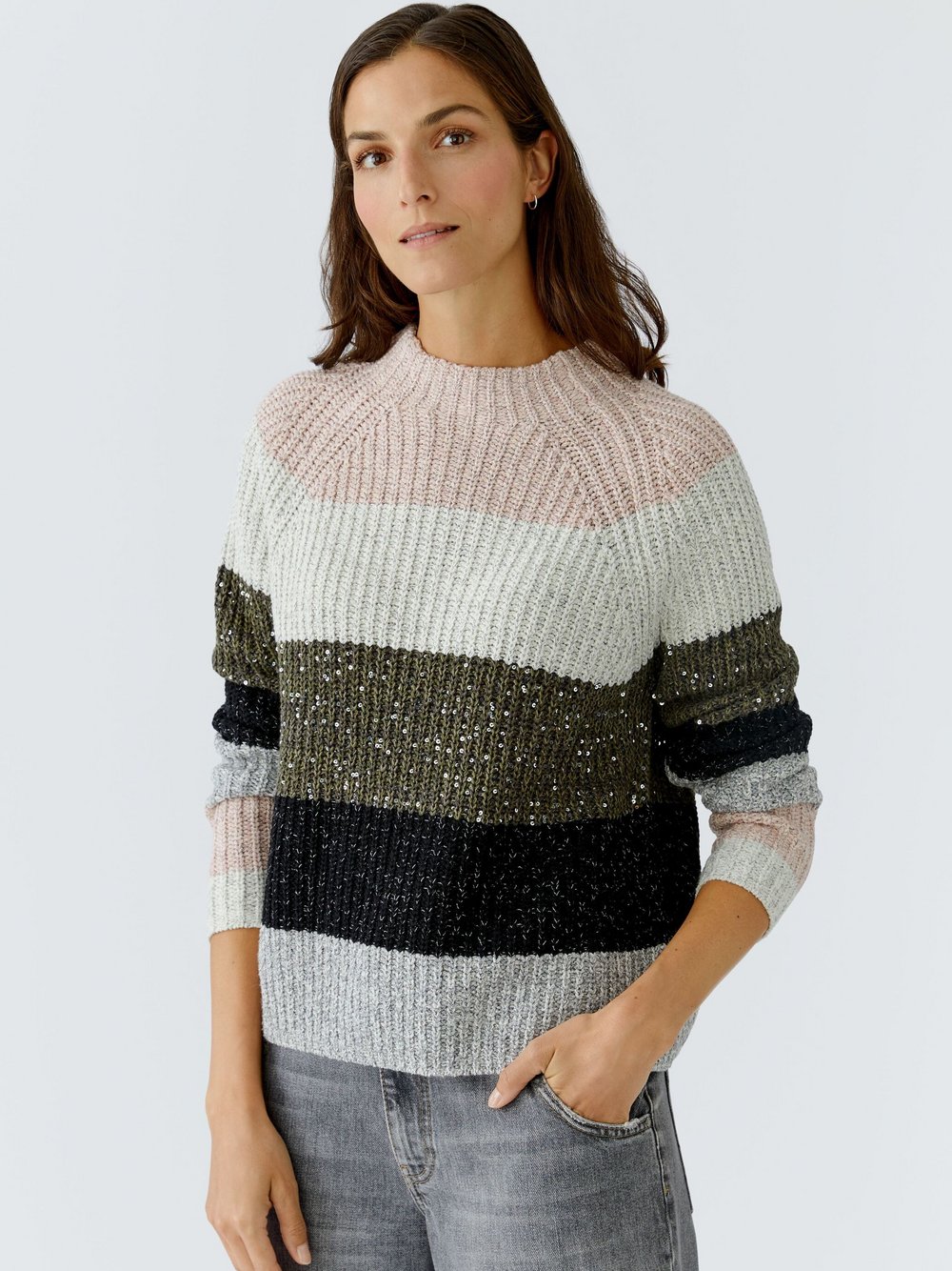 Thumbnail - Oui Pullover Damen Baumwolle grün gestreift, 38