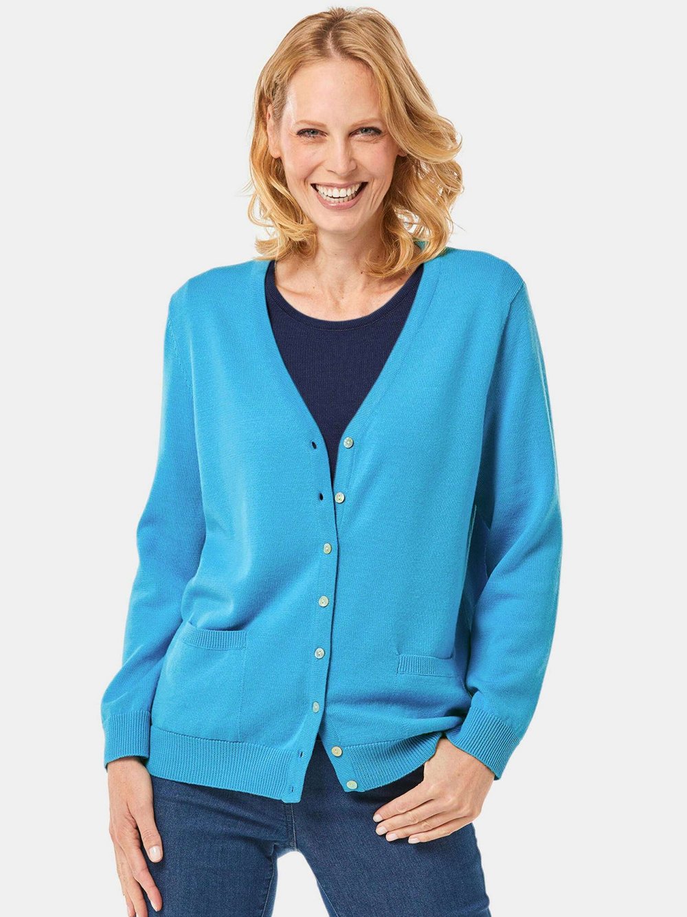 Thumbnail - Goldner Strickjacke Damen Schurwolle blau, 48