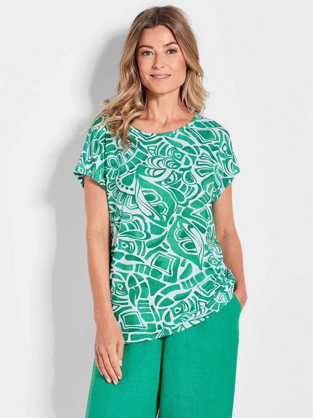 Goldner Druckshirt Damen Viskose grün gemustert, 42