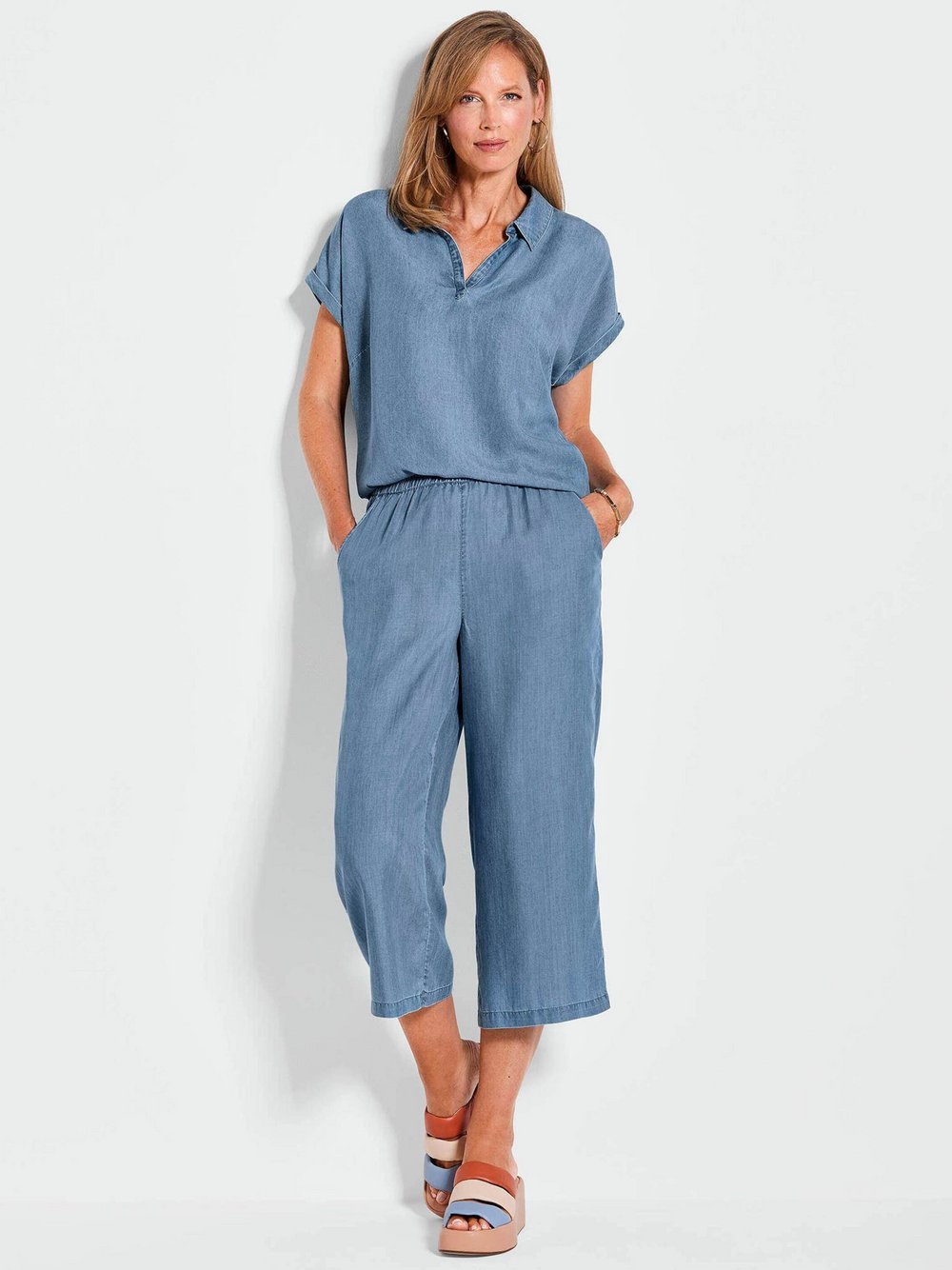 Goldner Tencelbluse Damen Lyocell blau, 46