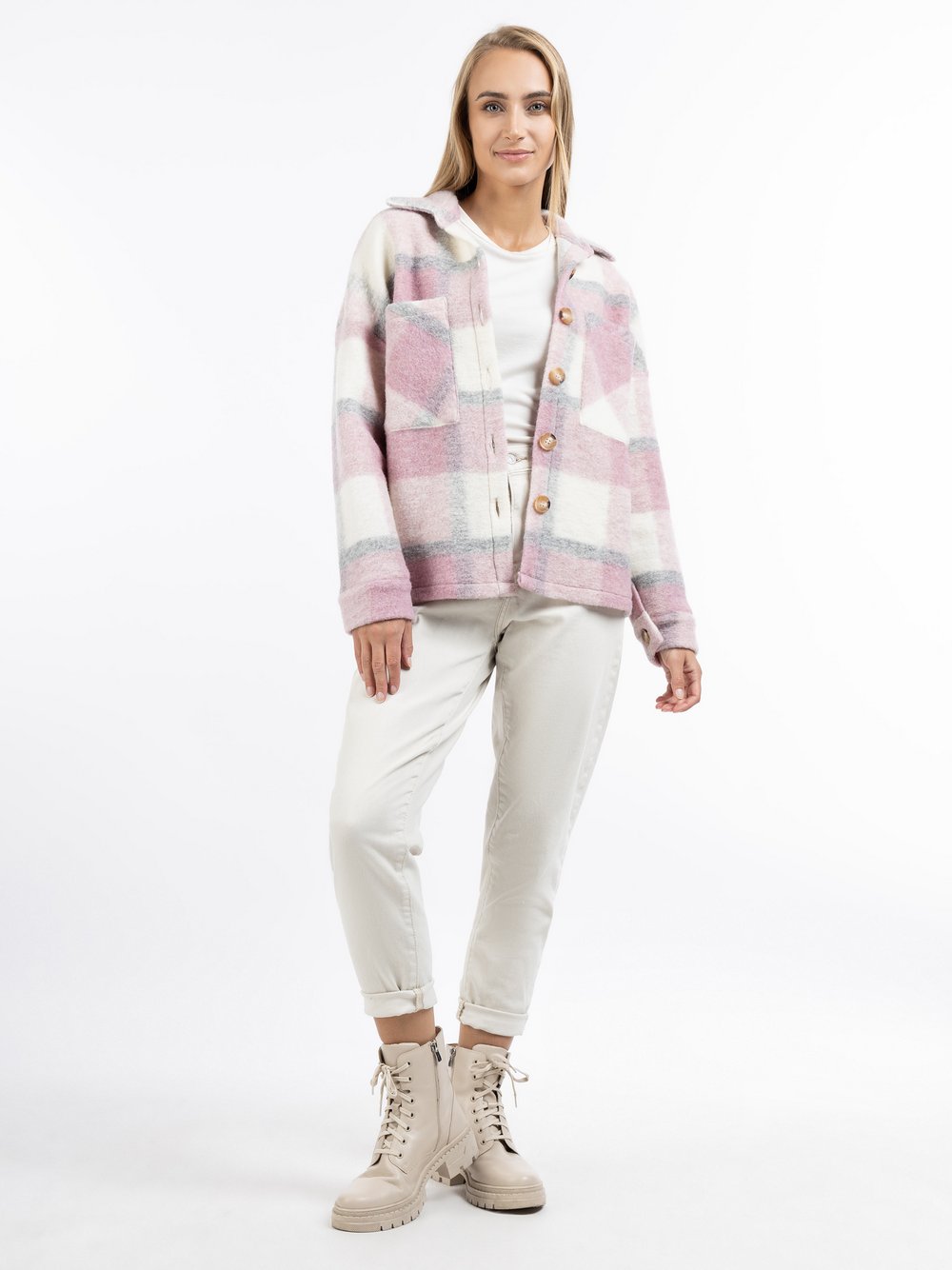 Dreimaster Jacke Damen Wolle rosa kariert, S