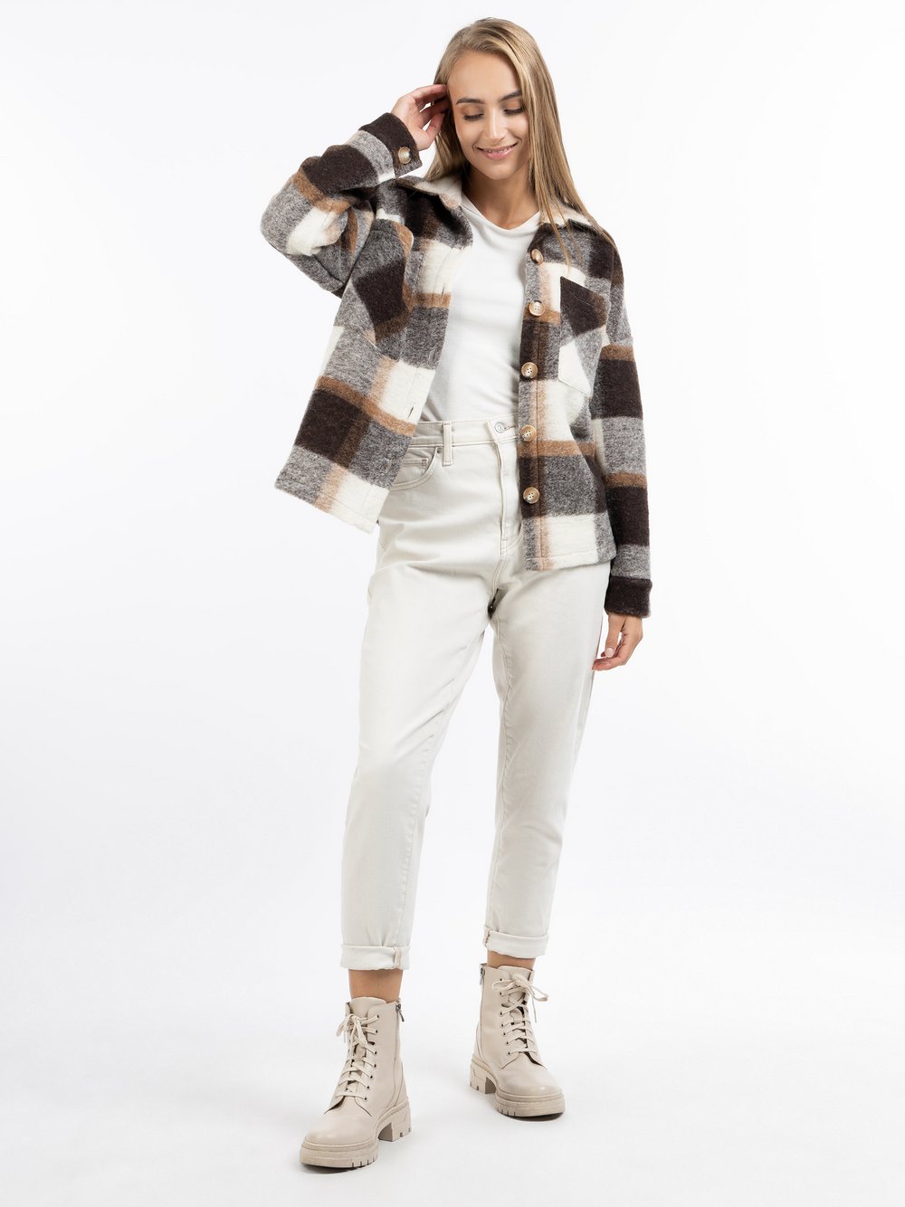 Dreimaster Jacke Damen Wolle beige kariert, XS