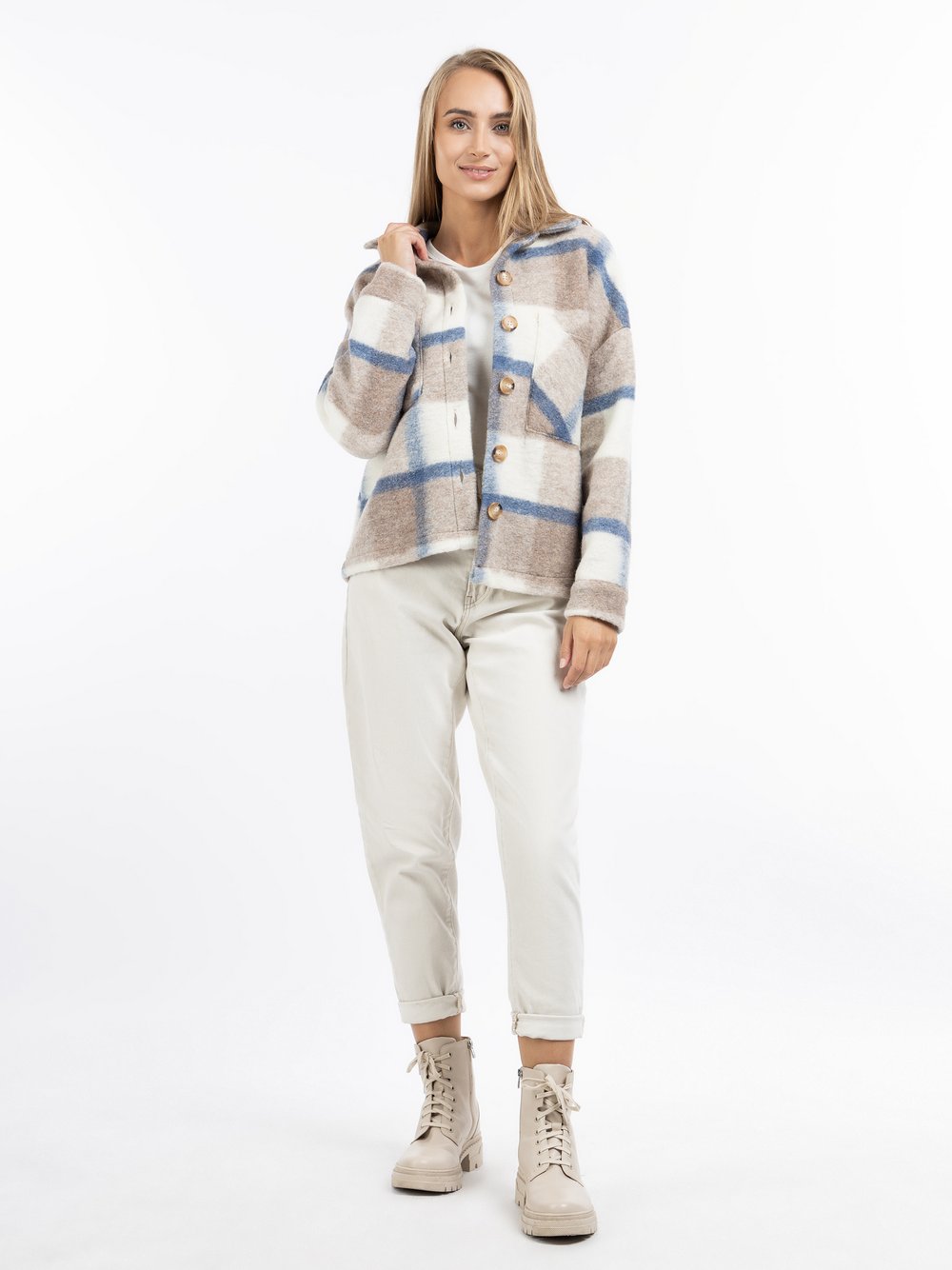 Dreimaster Jacke Damen Wolle blau kariert, XS