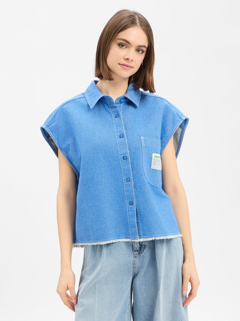 american vintage Hemdbluse Damen Baumwolle blau meliert, M