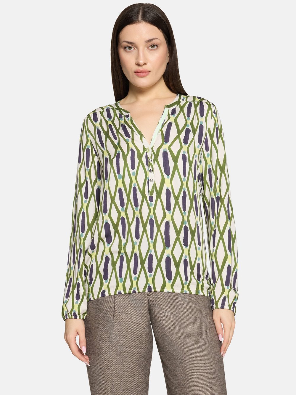 Thumbnail - Cartoon Casual-Bluse Damen Viskose grün gemustert, 40