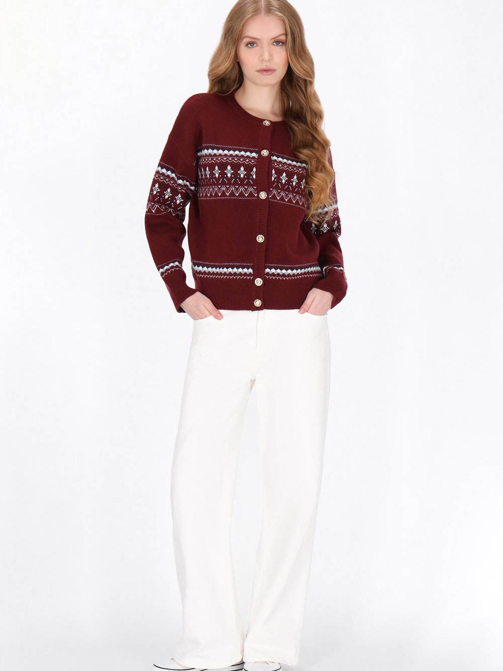 Dreimaster Strickjacke Damen rot gemustert, XL/XXL