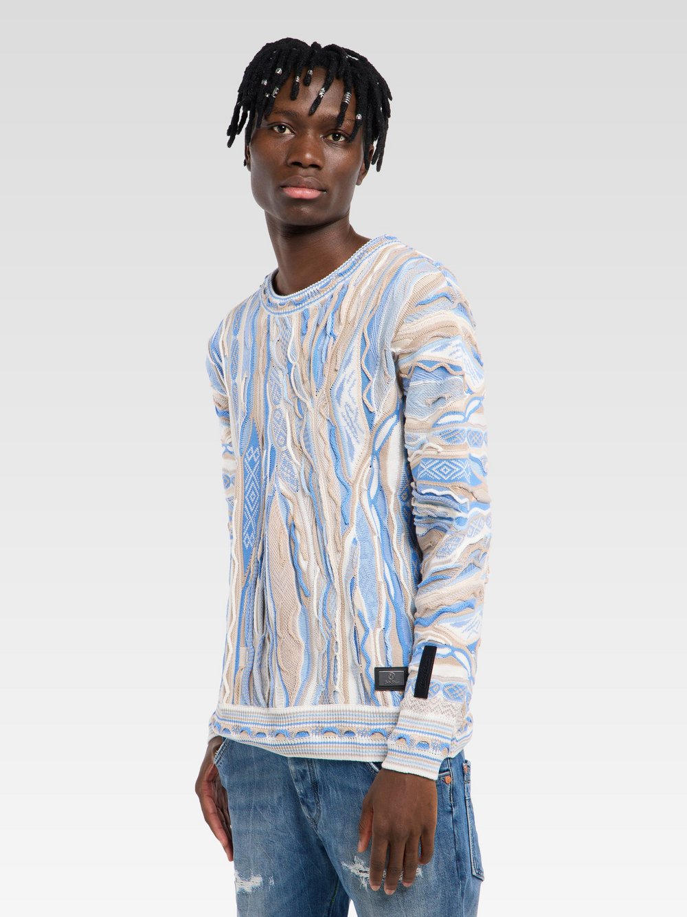 Thumbnail - Carlo Colucci Rundhalspullover  Herren Baumwolle blau gemustert, L