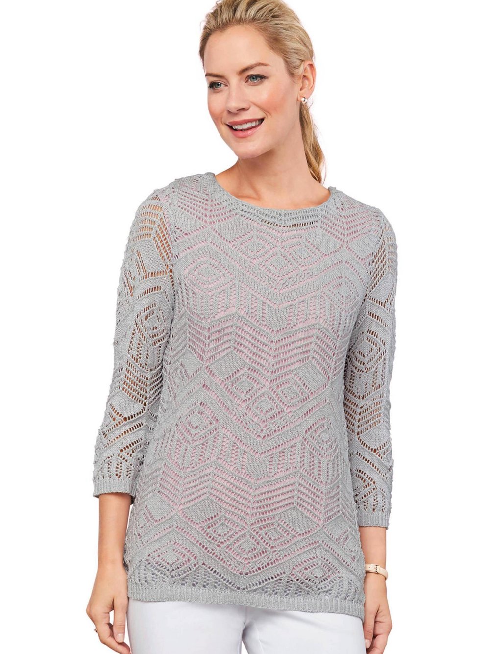 Goldner Kurzgröße: Strickpullover mit Ajourmuster Damen grau, 22