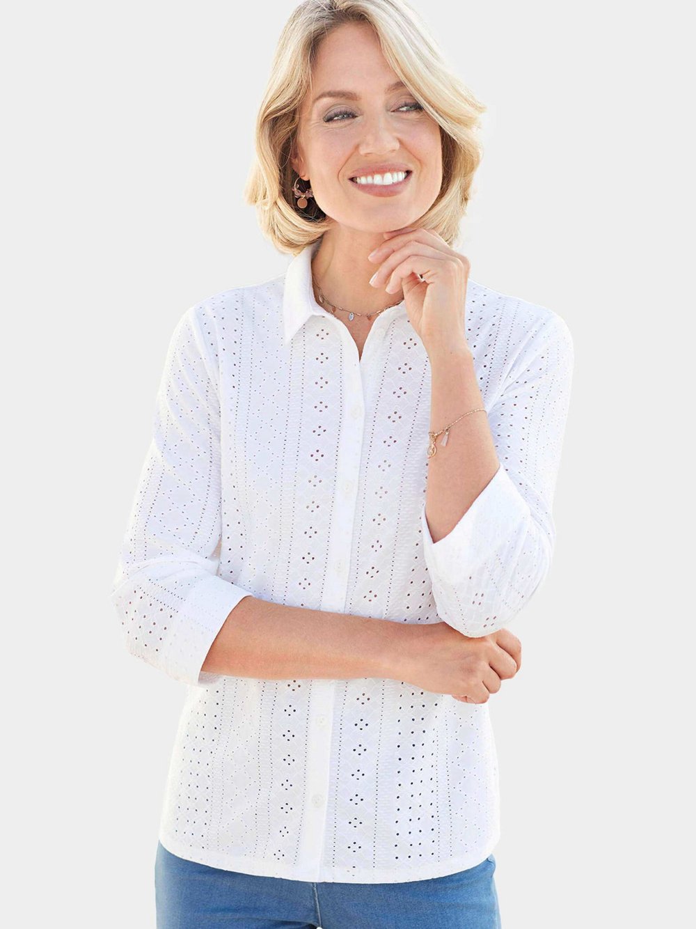 Goldner Kurzgröße: Hemdkragenbluse aus Spitze, elastisch Damen weiß gemustert, 24