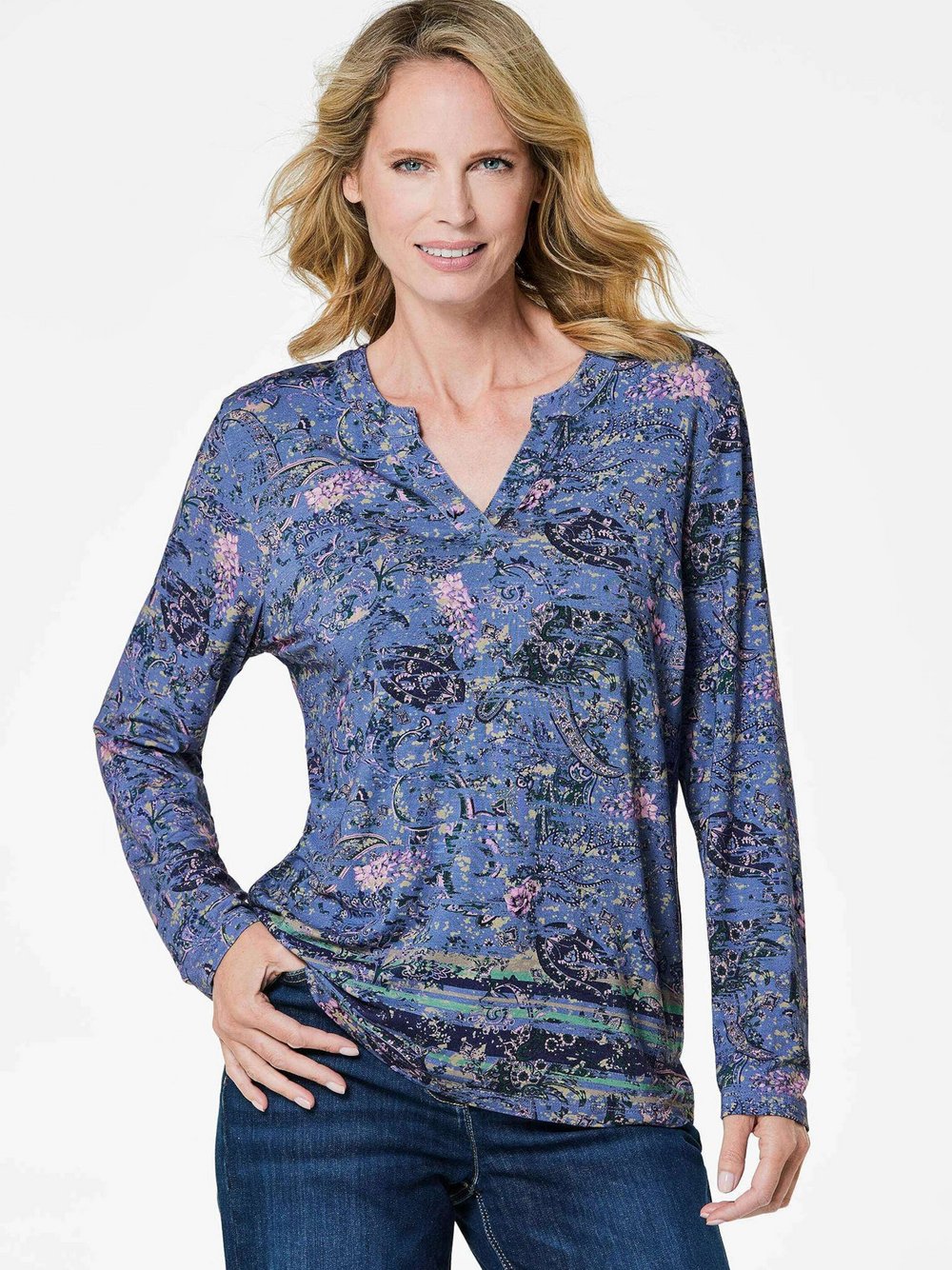 Goldner Kurzgröße: Elegantes Blusenshirt, Paisley-Design Damen Viskose blau gemustert, 23