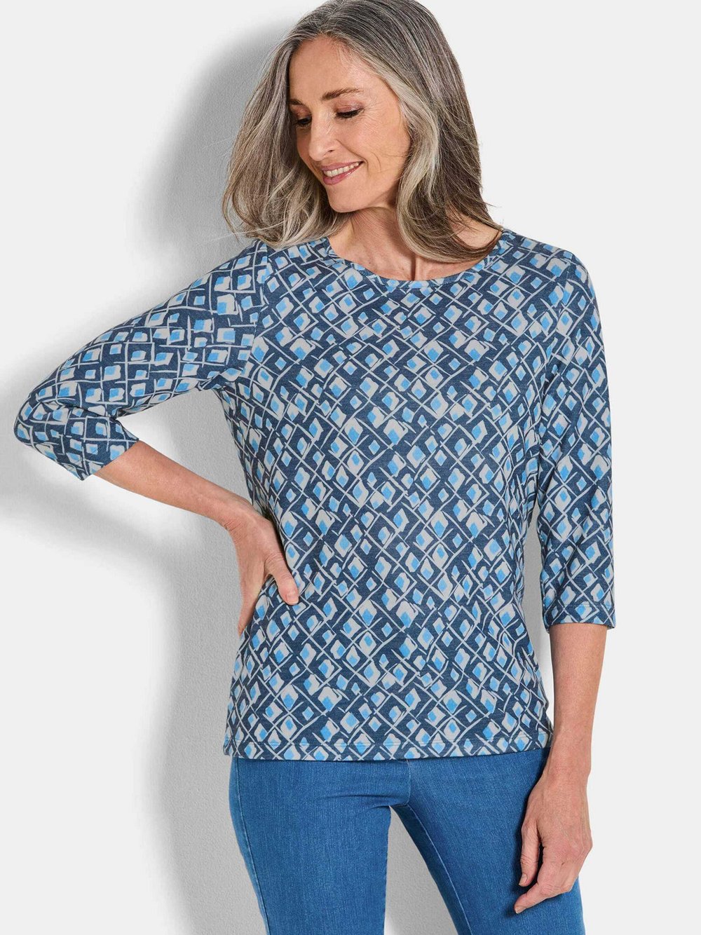 Thumbnail - Goldner Print Shirts Damen blau gemustert, 22