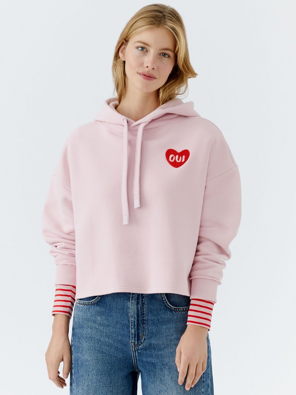 Oui Hoodie Damen Baumwolle pink bedruckt, 42