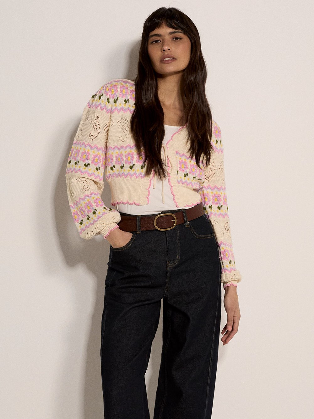 Thumbnail - Apricot Strickjacke Damen beige gemustert, 34