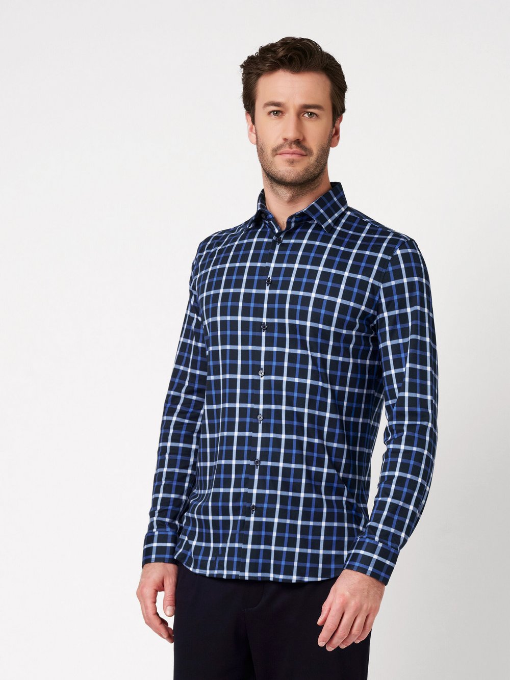 DESOTO Jerseyhemd Herren Regular Fit Baumwolle blau kariert, 47-48