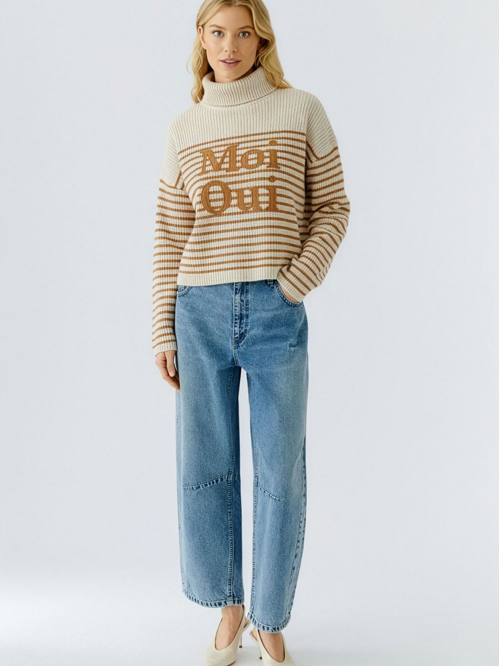 Oui Pullover Damen Polyamid beige gestreift, 40