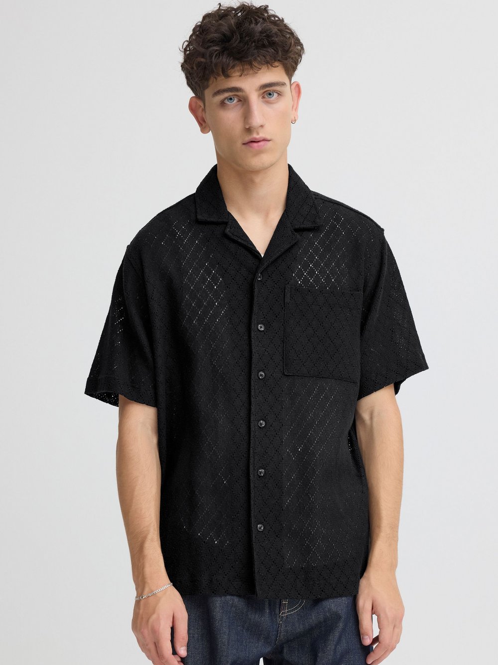 Solid Kurzarmhemd Herren Baumwolle schwarz strukturiert, XXL