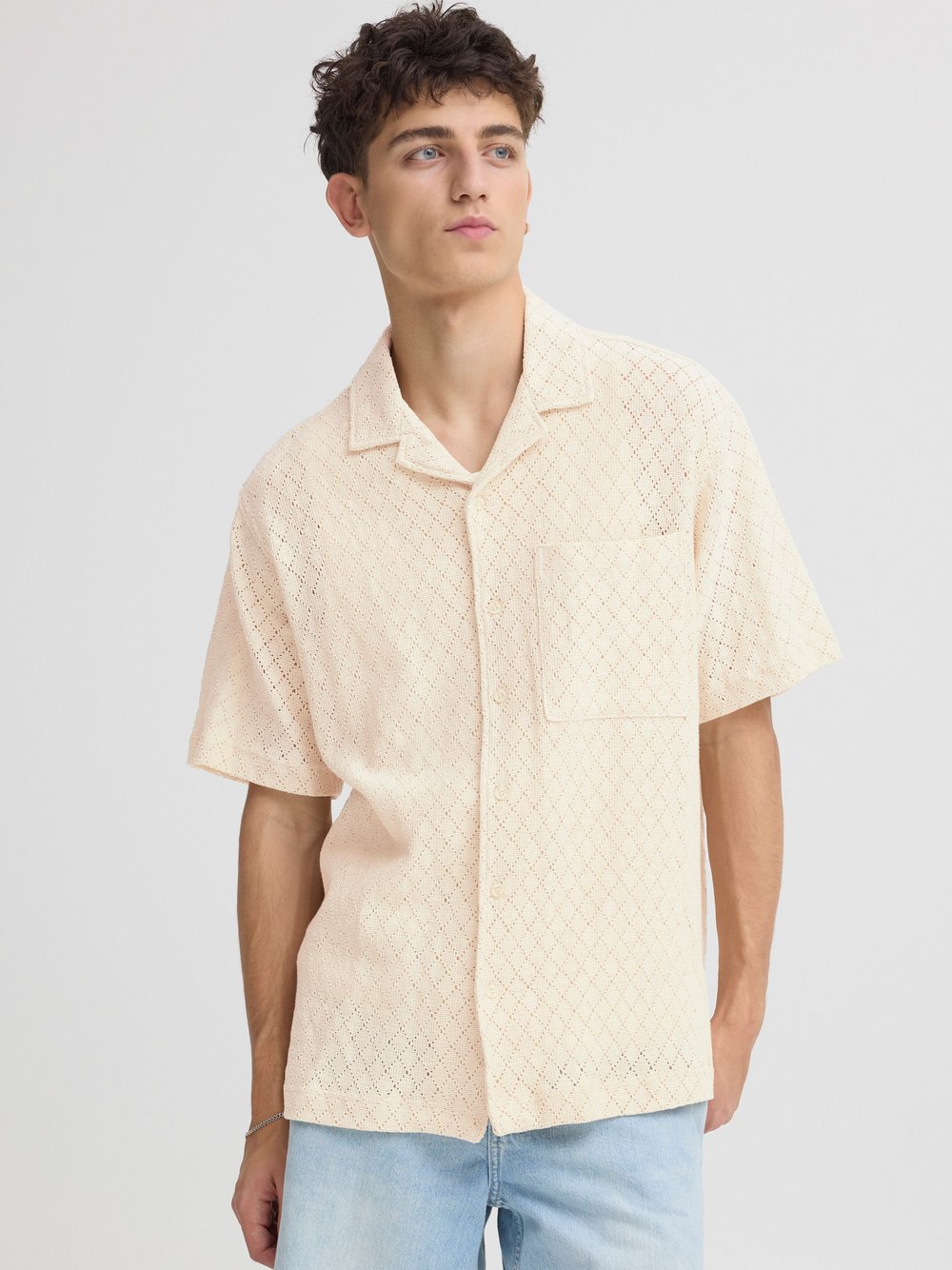 Solid Kurzarmhemd Herren Baumwolle beige strukturiert, L