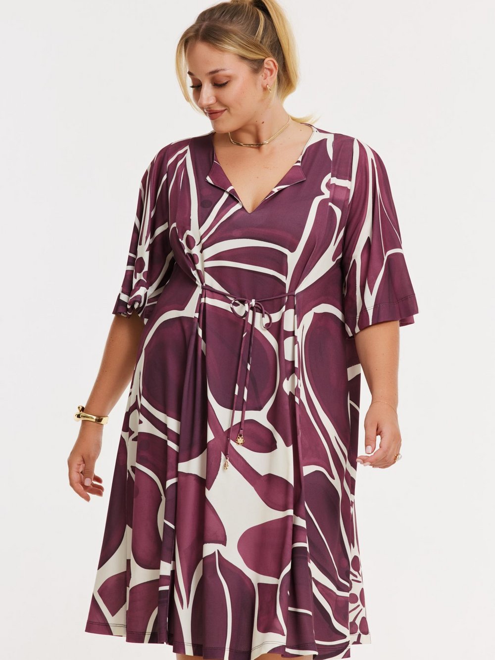 Thumbnail - YOEK Kleid Damen rot bedruckt, 50-52