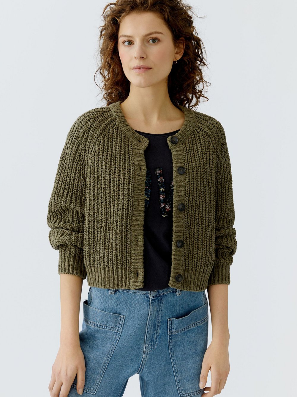 Thumbnail - Oui Strickjacke Damen Baumwolle grün, 34