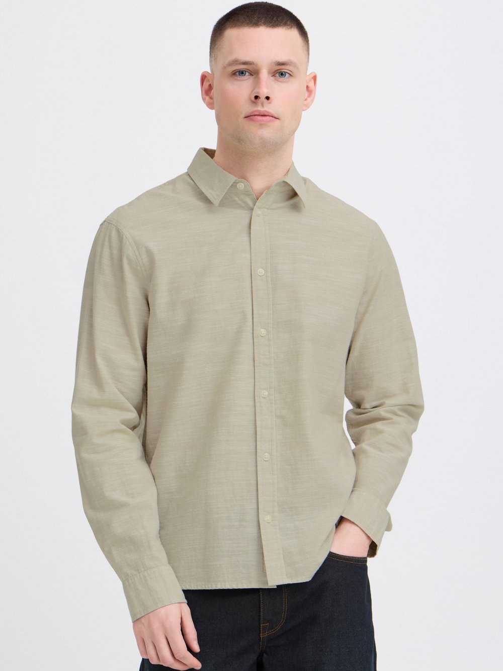 Thumbnail - BLEND Langarmhemd Herren Regular Fit Baumwolle grün meliert, S