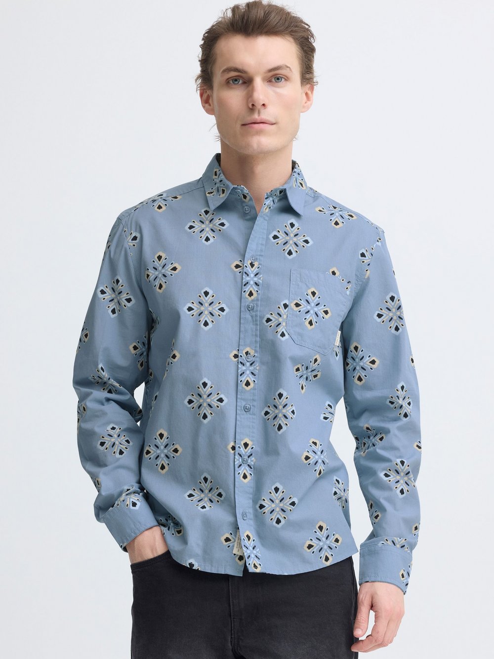 BLEND Langarmhemd Herren Regular Fit Baumwolle blau bedruckt, XXL