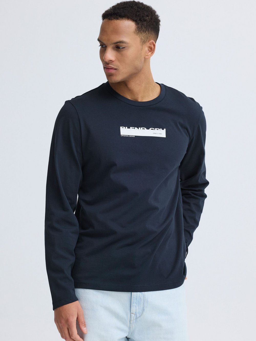 Thumbnail - BLEND Langarmshirt Herren Baumwolle blau bedruckt, S