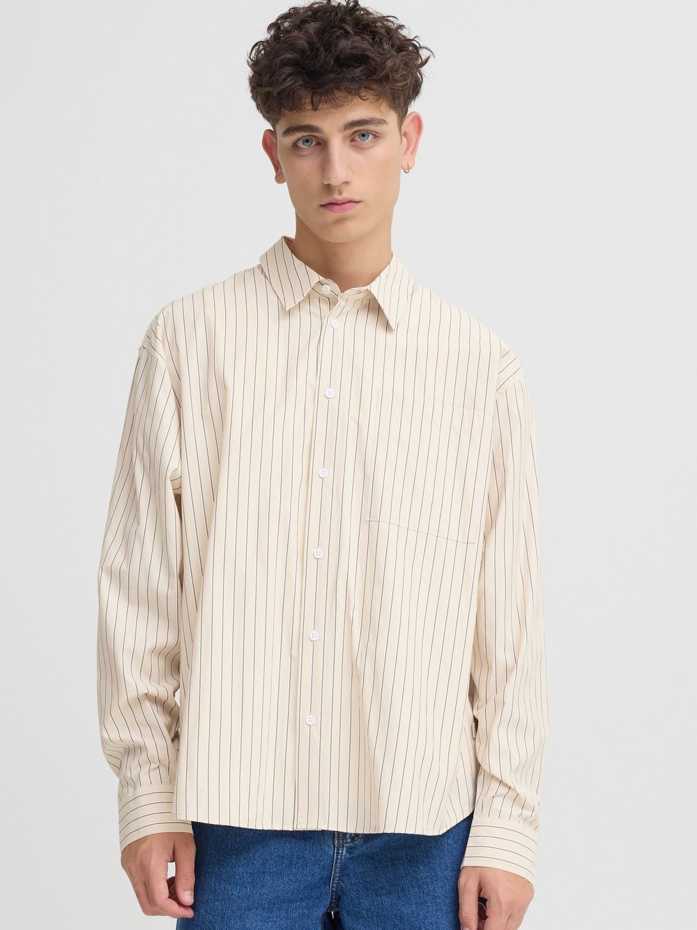 Solid Langarmhemd Herren Comfort Fit Baumwolle beige gestreift, M