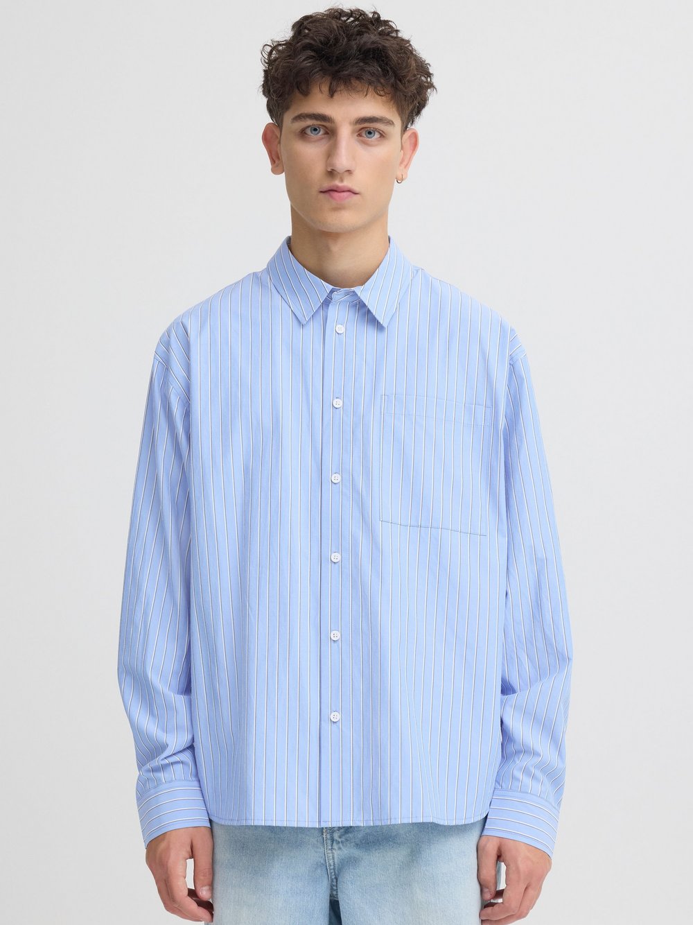 Solid Langarmhemd Herren Comfort Fit Baumwolle blau gestreift, XL