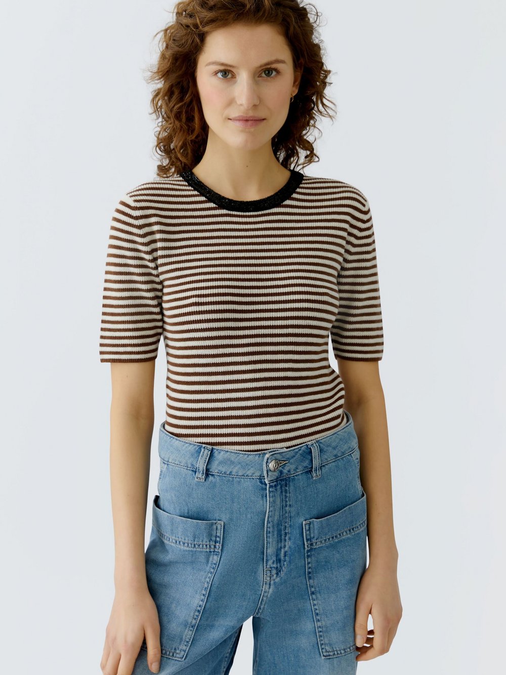 Oui Pullover Damen Baumwolle braun gestreift, 44