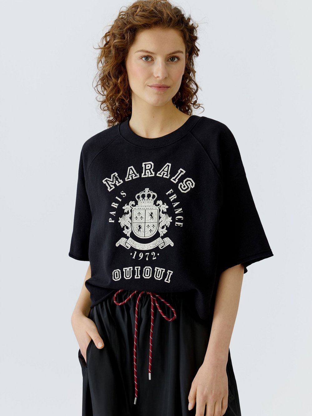 Oui Shirt Damen Baumwolle schwarz bedruckt, 44