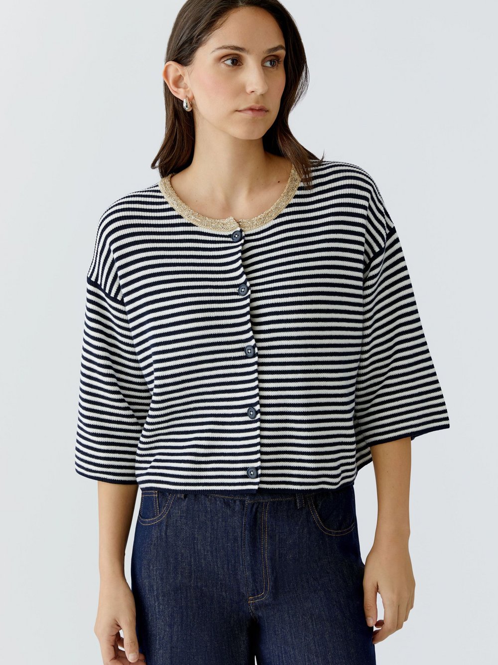 Oui Strickjacke Damen Baumwolle blau gestreift, 44