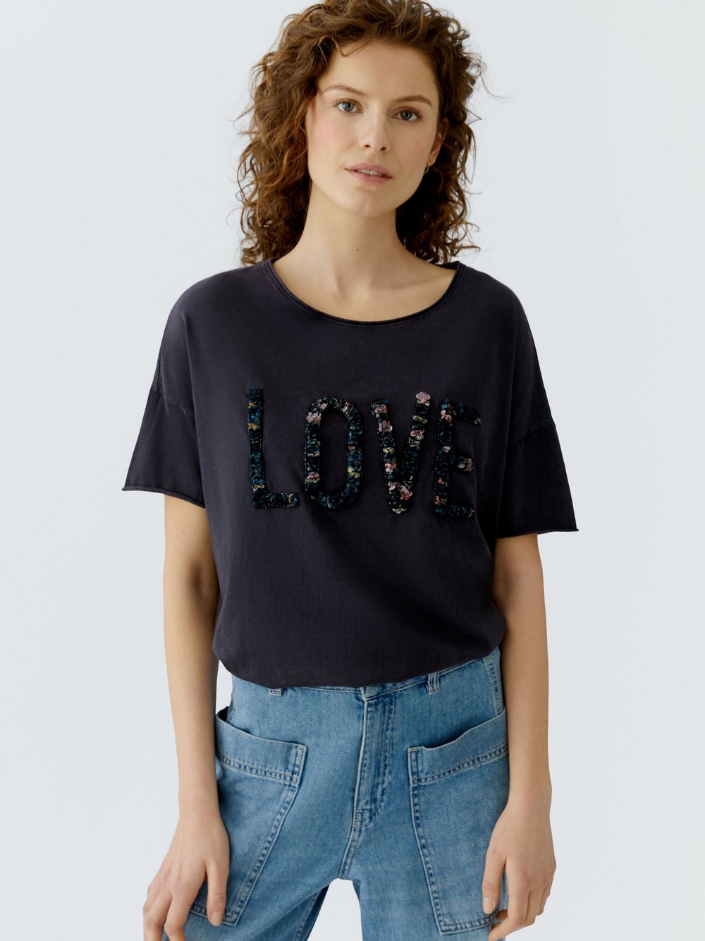 Oui T-Shirt Damen Baumwolle grau bedruckt, 40