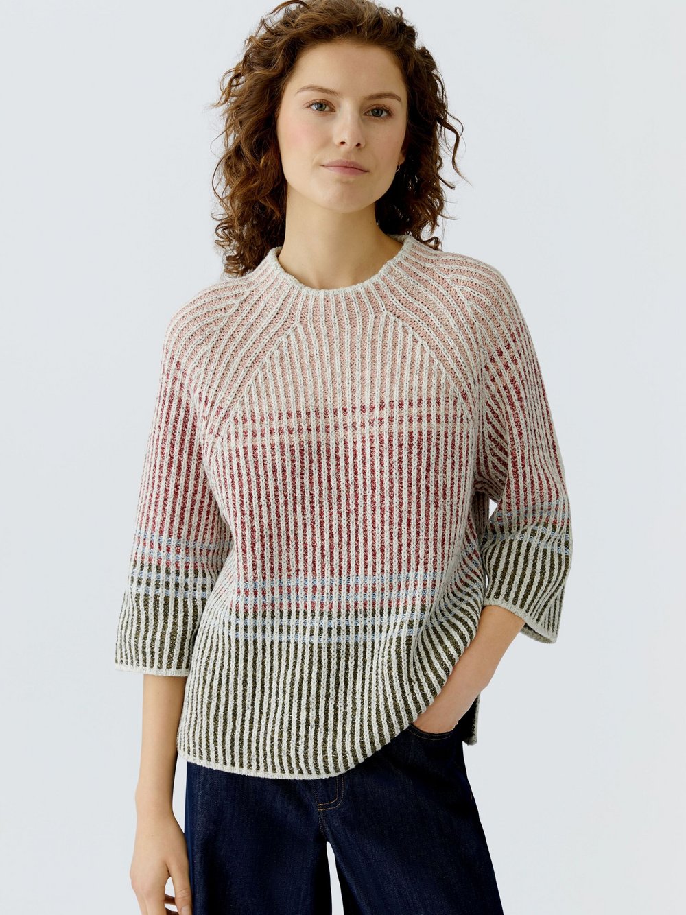 Oui Pullover Damen Baumwolle rosa gestreift, 40