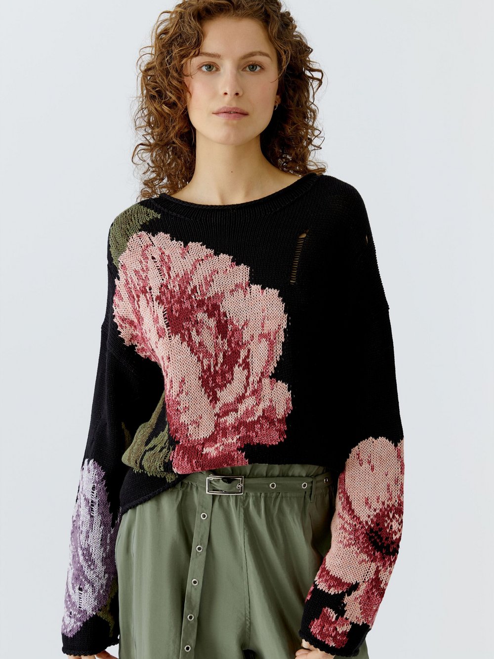 Oui Pullover Damen Baumwolle schwarz gemustert, 34