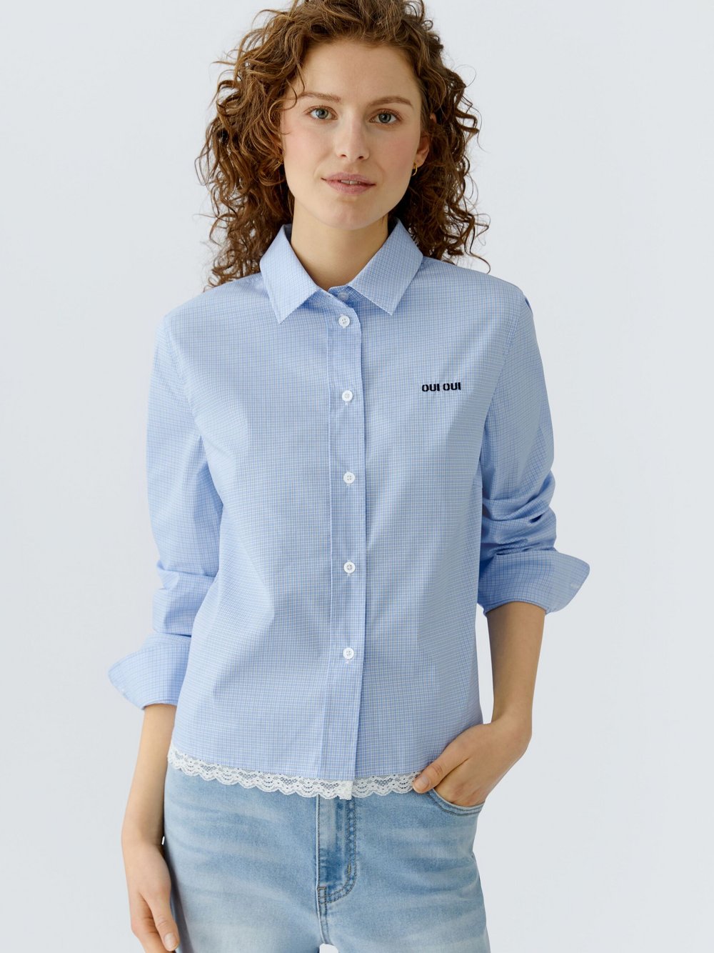 Thumbnail - Oui Hemdbluse Damen Baumwolle blau kariert, 38
