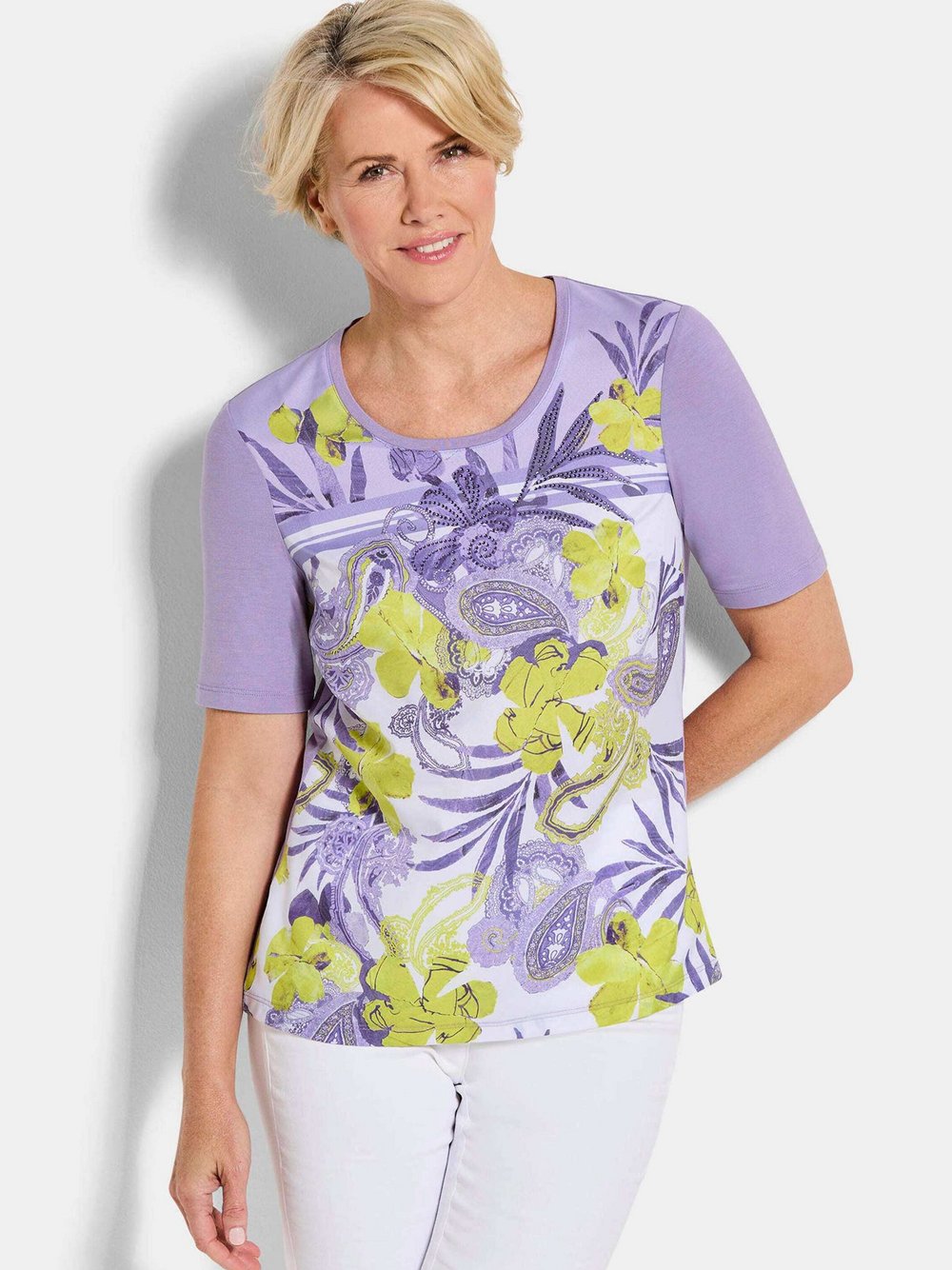 Goldner Blusenshirt Damen Viskose weiß gemustert, 44