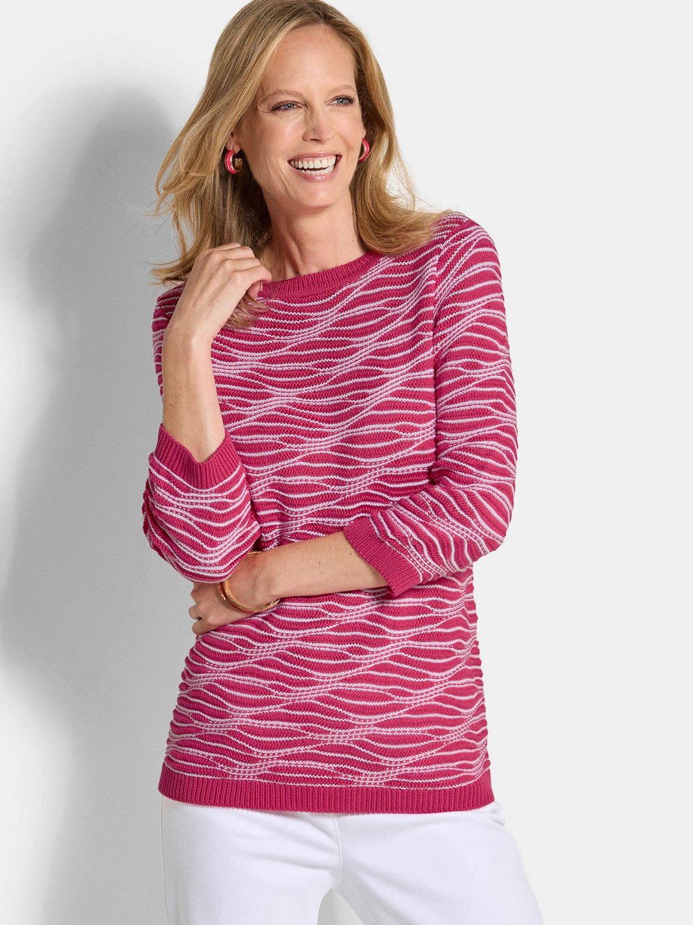 Thumbnail - Goldner Strickpullover Damen Baumwolle pink strukturiert, 46