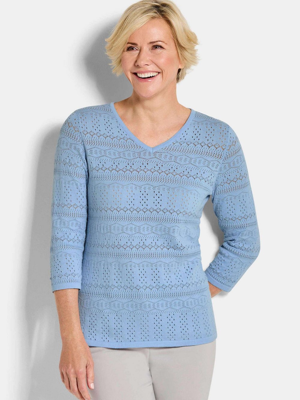 Goldner Ajourpullover Damen Baumwolle blau strukturiert, 44