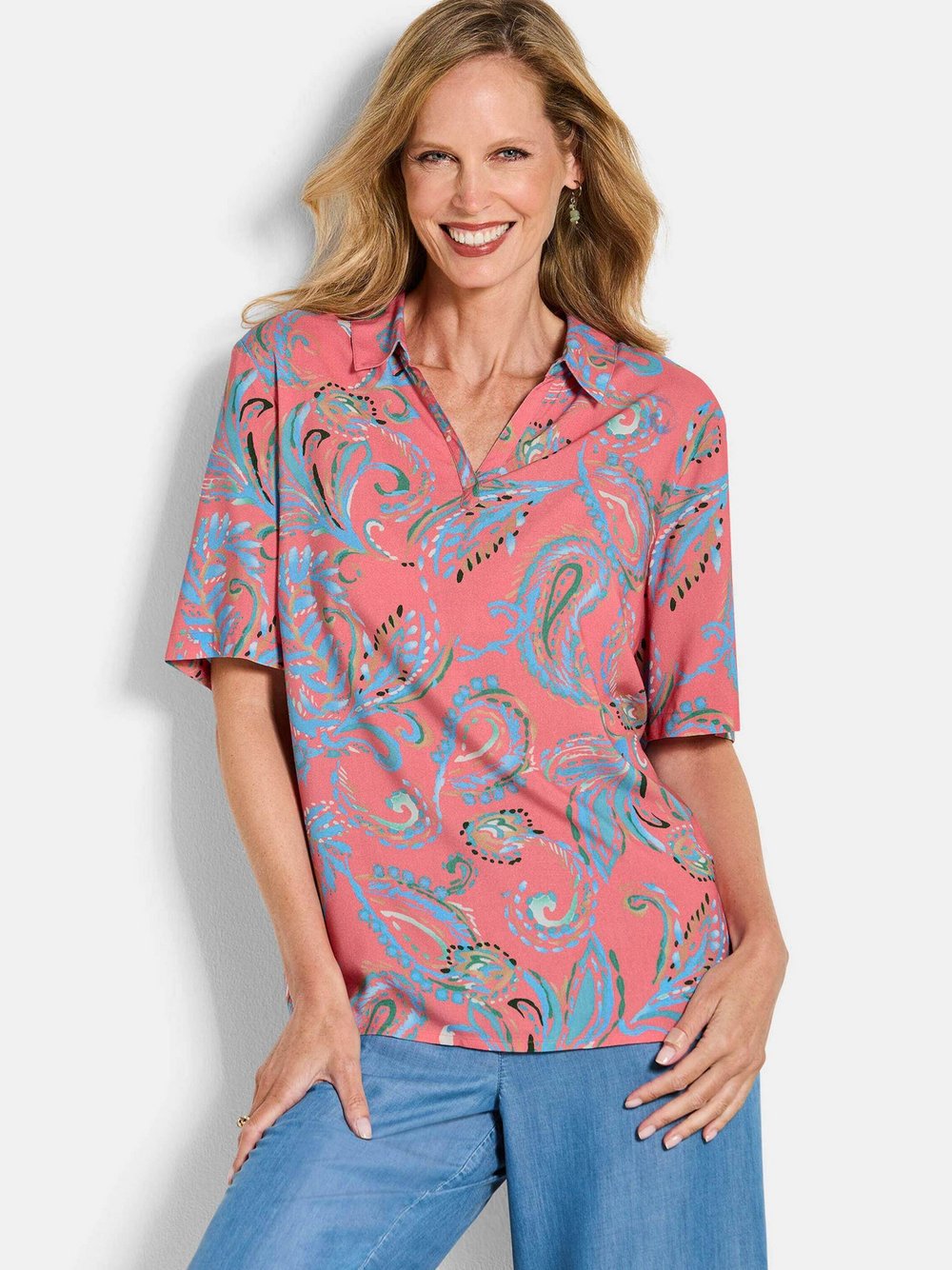 Goldner Schlupfblusen Damen Viskose rot gemustert, 19